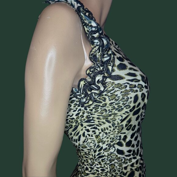 Y2K Leopard Print Mini Dress Size S One Shoulder Khaki Green Glitter Mcbling - Picture 8 of 9